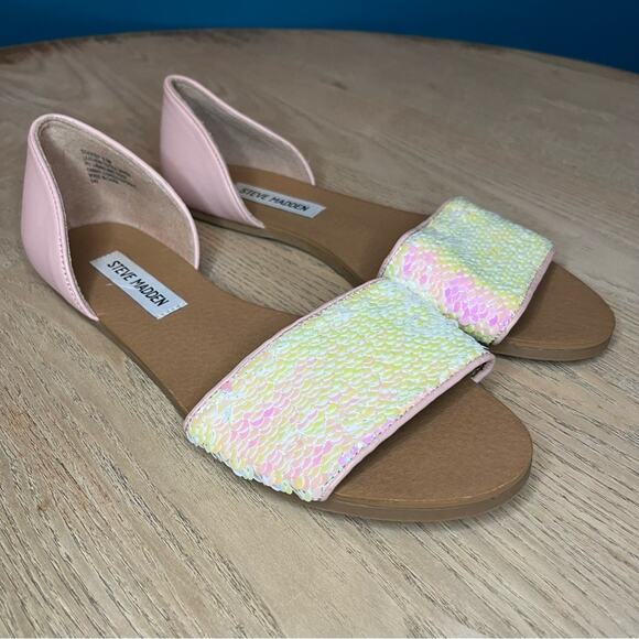 Steve Madden Sidestep Mermaid Sequin Sandal Flat Open Toe Shoe Pink Size 8.5 - Picture 1 of 9